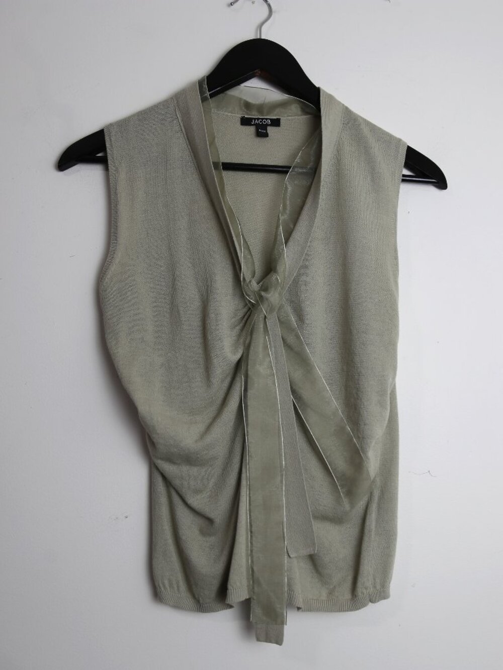 Vintage Jacob Sage Green Sleeveless Woven Front Tie Blouse Size Medium